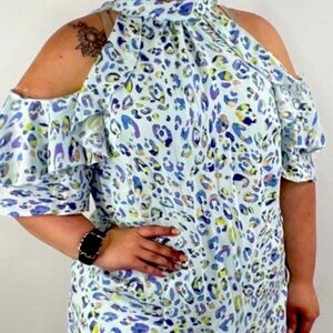 Blue and lime Leo cold shoulder dress with ruffle sleeves